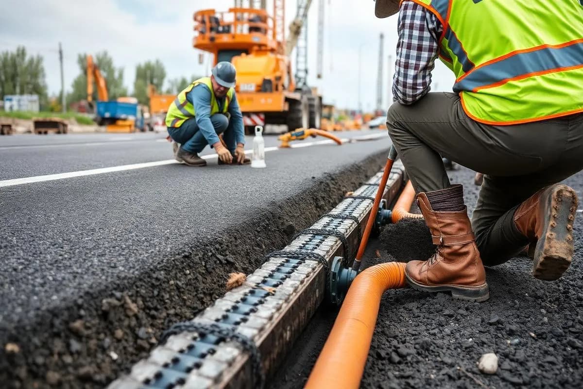 Workers installing electrical ducts along a road