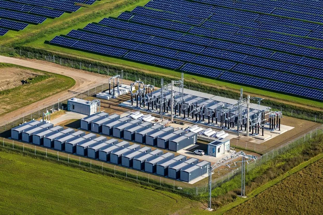 Aerial view of a solar plant with a BESS storage system and substation