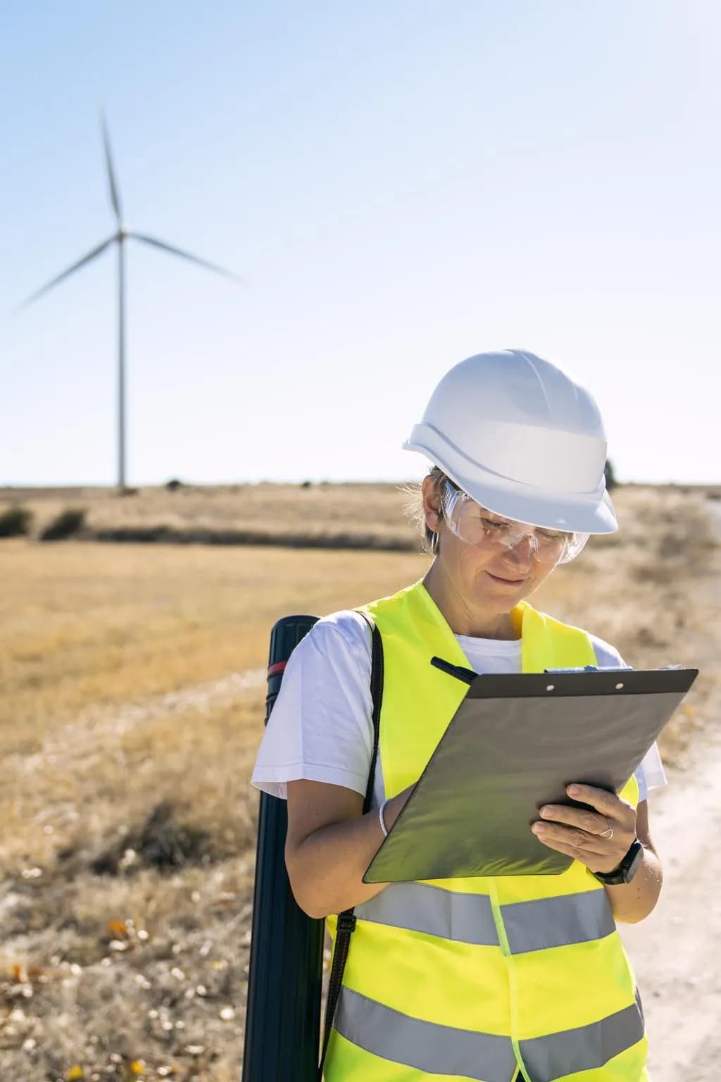 Professional taking field records next to a wind turbine