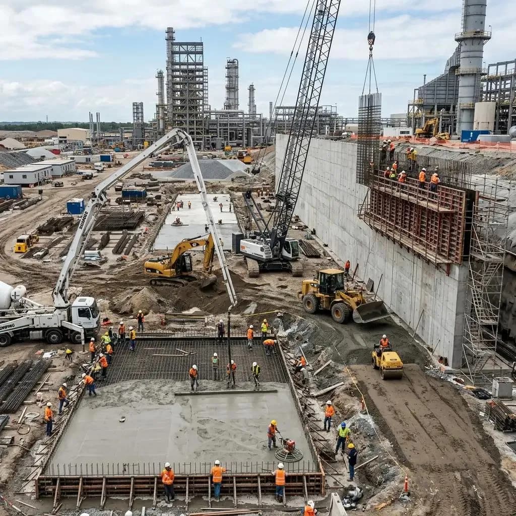 Construction site with cranes, slab concreting and machinery