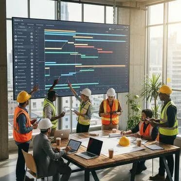 Project team reviewing the schedule on a screen